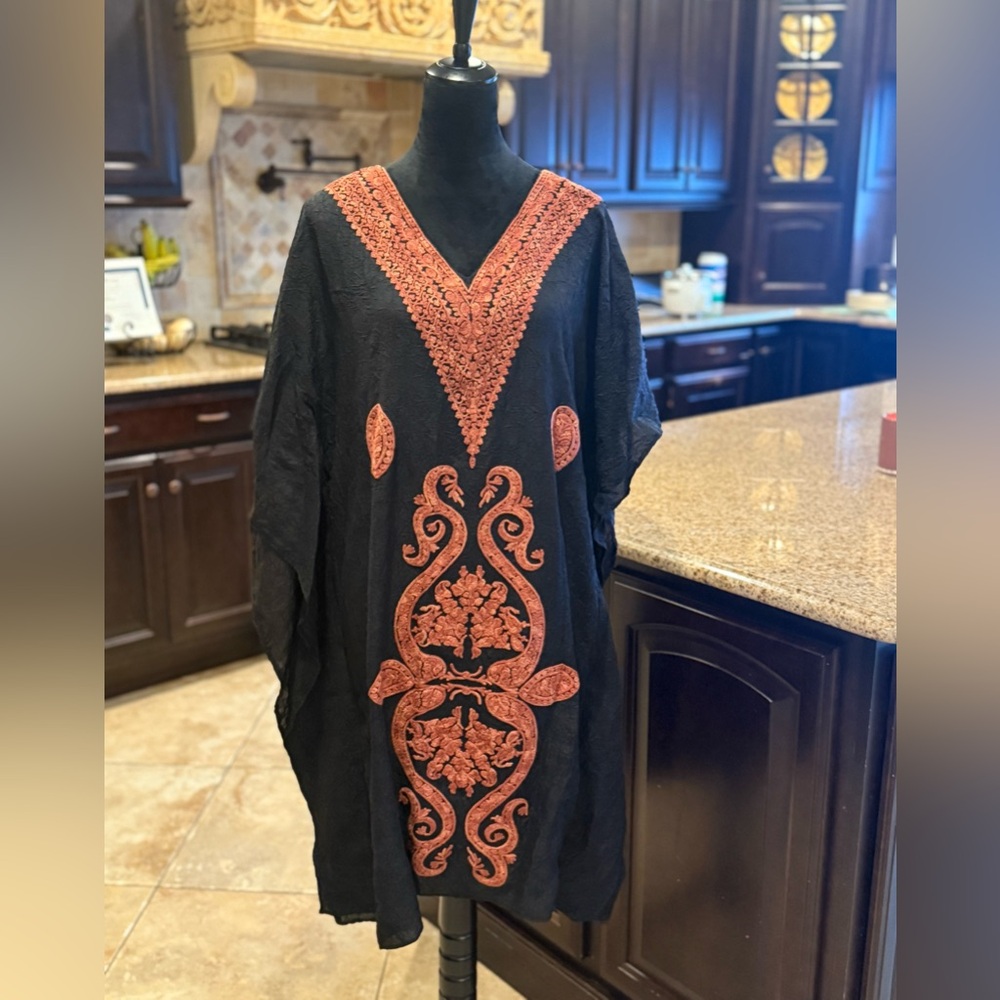 Black and Orange Embroidered Swim Coverup